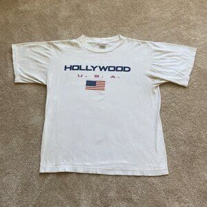 Hollywood USA American Flag Graphic T-Shirt Mens White Vintage Souvenir Tee